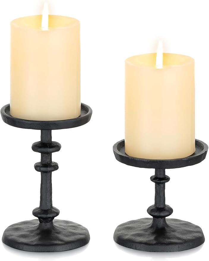 NUPTIO Pillar Candle Holder Black: Solid Cast Iron Candle Stand | Hammered - Image 7