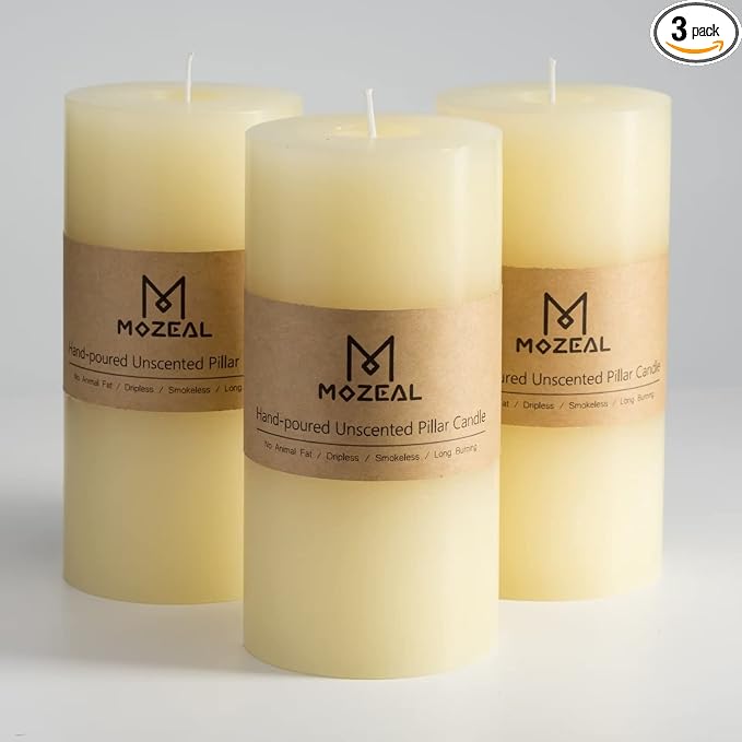 MOZEAL 3" x 6" Hand-Poured Unscented Candle, Dripless Pillar Candle Set of 3 by MOZEAL