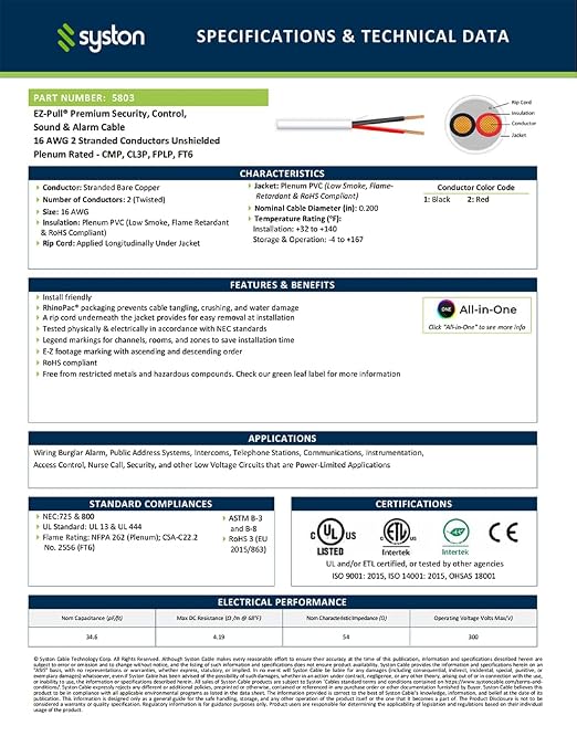 Syston 16/2 Fire Alarm Security Cable, Stranded Copper, Plenum-Rated CL3P - Image 2