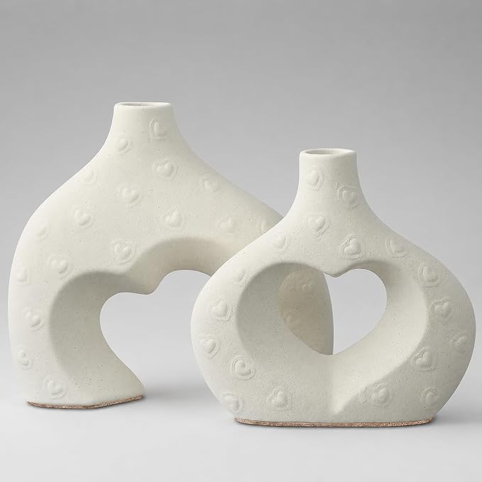 White Ceramic Flower Vases Table Decor Heart Shaped Vase Set of 2 | Nordic - Image 8