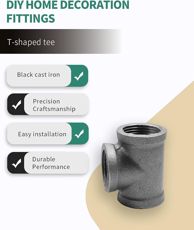 Black Cast Iron Tee Fitting 1" Female Thread, 3 Way Industrial Pipe Connector - Image 4
