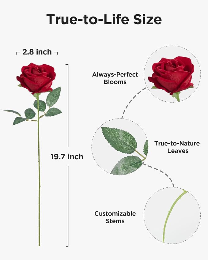 InnoGear Red Roses Artificial Flowers 50 Pcs Fake Velvet Silk Rose Floral | Bulk - Image 2