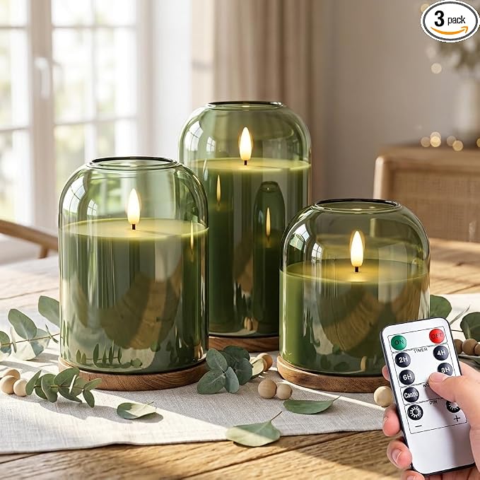Mid Century Modern Home Decor, Olive Green Glass Flameless Pillar Candles | by ARIKJ