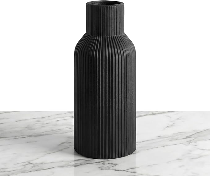 Black Ceramic Tall Vase, Modern Smooth Vertical Ribbed, Nordic Minimalist by TrendEcoHome