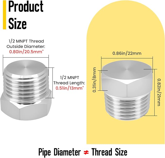 Outer Hex Head Thread Pipe Plug Fitting, HONSNKS 2PCS 1/2" NPT Male 304 - Image 2