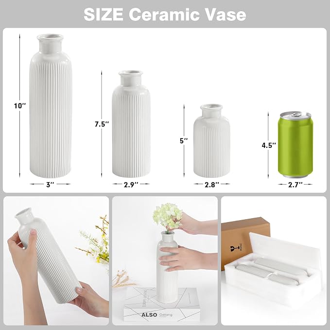 Small White Ceramic Vase Set of 3, Boho Modern White Flower Vase Room Decor - Image 2