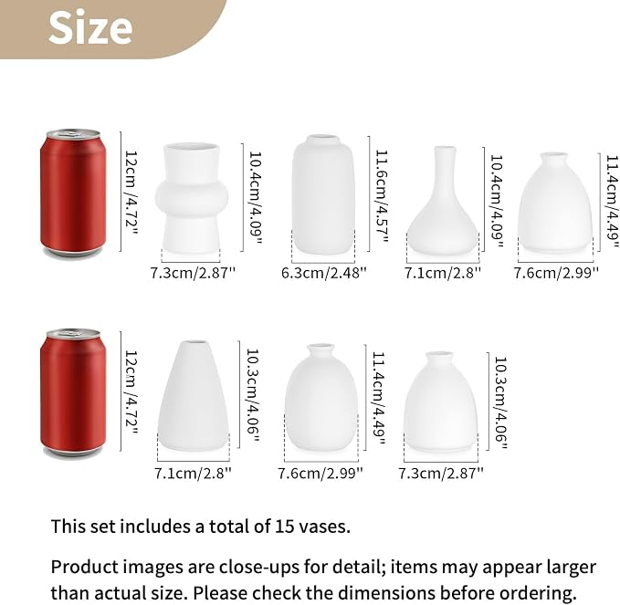 NUPTIO Small White Ceramic Vase: 15 Pcs Assorted Vases | Bud Vase Centerpiece - Image 4