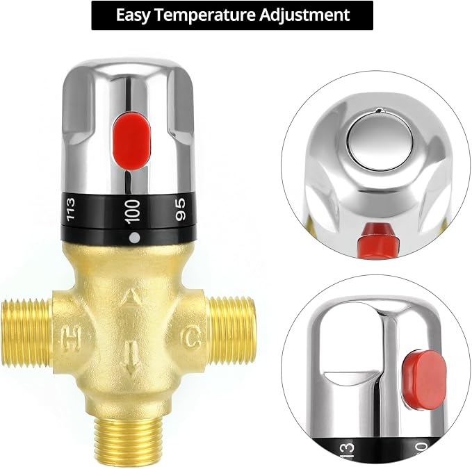 QWORK Thermostatic Mixing Valve, Solid Brass Pipe Water Valve - Image 3
