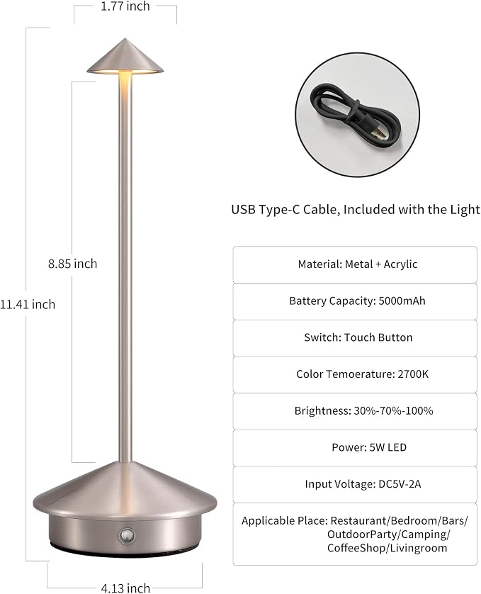 Modern Cordless Table Lamp Set of 2, Brushed Nickel LED Desk Lamps | 5000mAh - Image 5