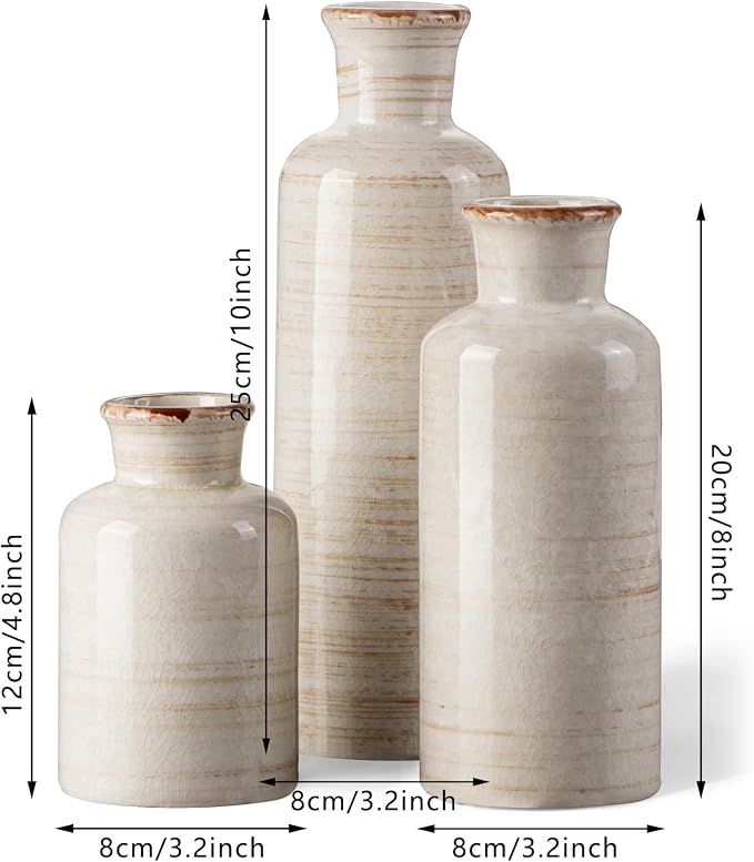 White Rustic Ceramic Vase Set of 3, Farmhouse Vase - Image 2