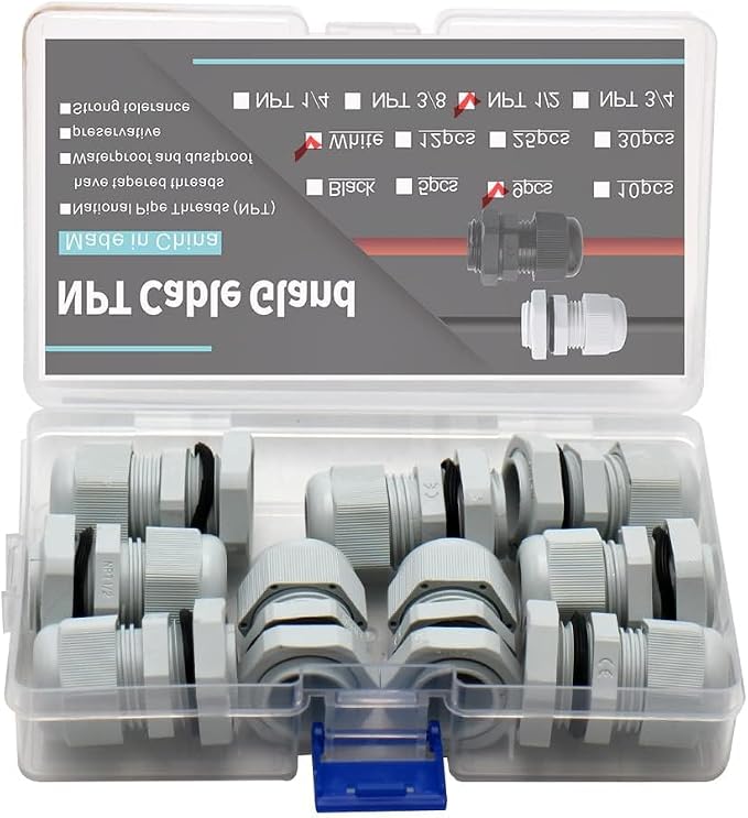 9-Pack 1/2" NPT Cable Glands, IP68 Waterproof Nylon PA66 Strain Relief Cord - Image 3
