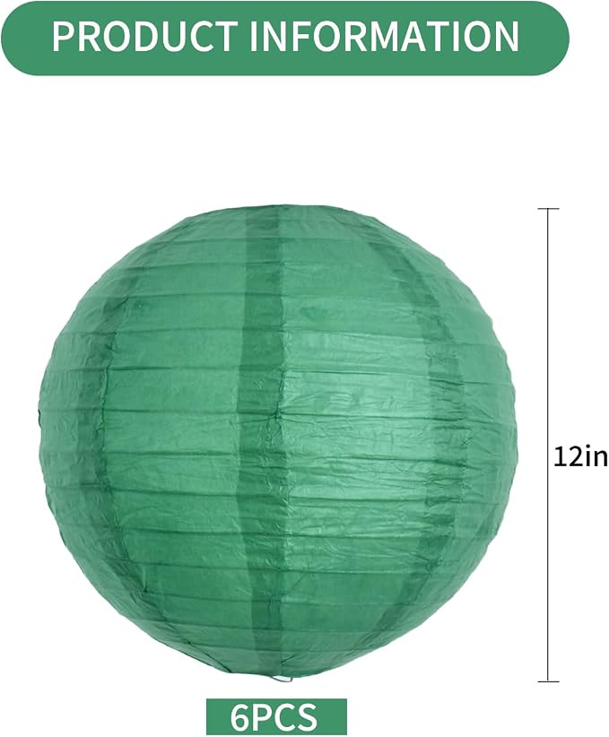 BEISHIDA 12 Inch Green Paper Lanterns 6 Packs Hanging Round Chinese Lantern | - Image 2