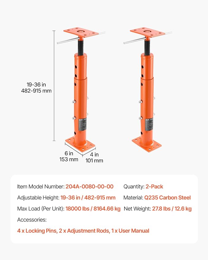 VEVOR House Floor Jacks, 2 Pack 19-36 Inch Height Range, 18000 lbs Max Load - Image 7