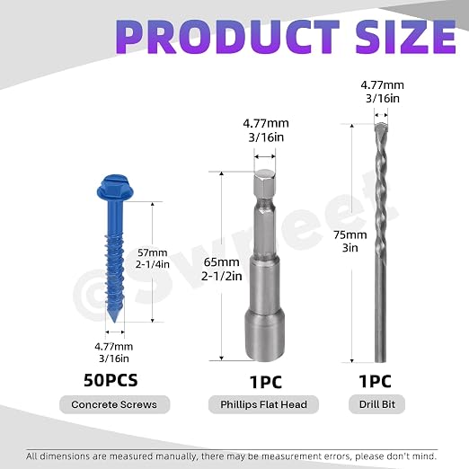 Swpeet 52Pcs 3/16" x 2-1/4" Slotted Hex Washer Head Concrete Screws Anchor - Image 2