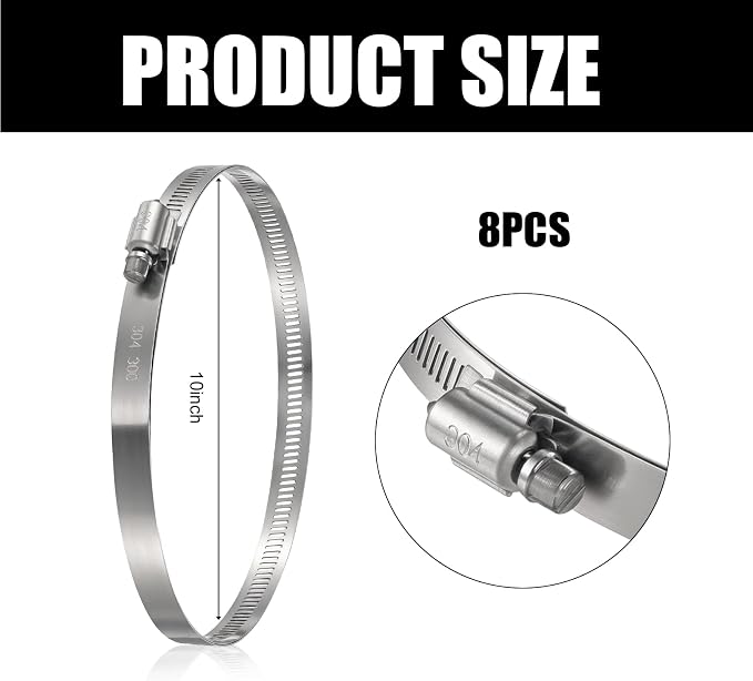 Boao Adjustable 304 Stainless Steel Duct Clamp Hose Clamp, 8 Pieces, 10 Inch - Image 2