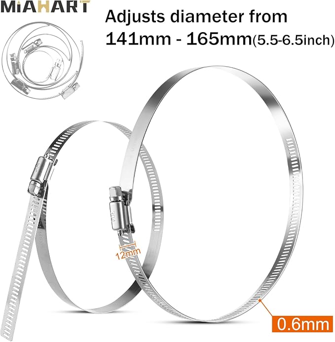 MIAHART 6 inch Hose Clamp Adjustable 304 Stainless Steel Duct Clamps Worm Gear - Image 3