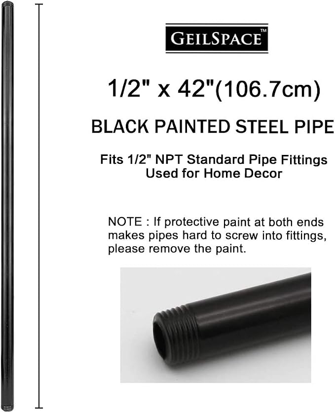 6 Pack 1/2" × 42" Pre-Cut Black Metal Pipe, Industrial Steel Fits Standard Half - Image 2