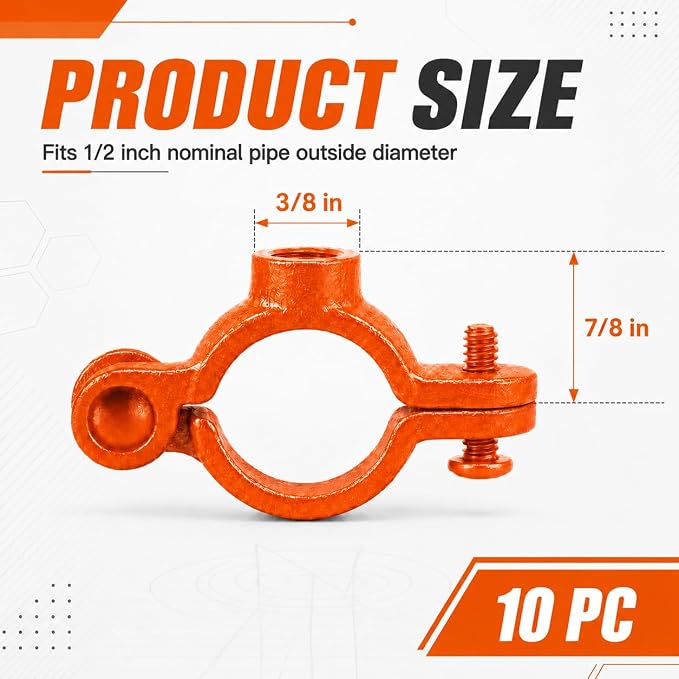 Orange 10 Pack 1/2" Hinged Split Ring Pipe Hanger, Copper Epoxy Coated Iron - Image 2