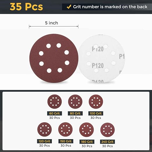 HARFINGTON 35Pcs 5Inch Sanding Disc 8 Hole Hook and Loop Sandpaper Red | - Image 2