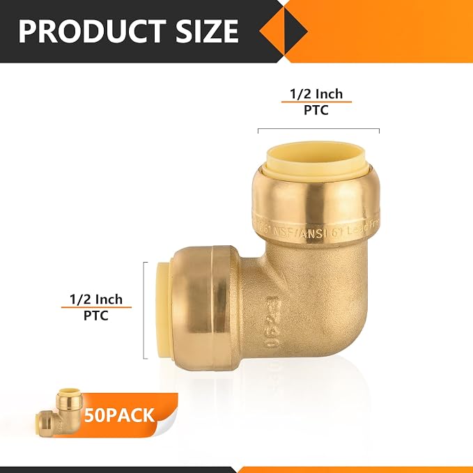 50PC HeSun 1/2" x 1/2" Push-fit 90 Degree Elbow | Brass Push-to-Connect - Image 2