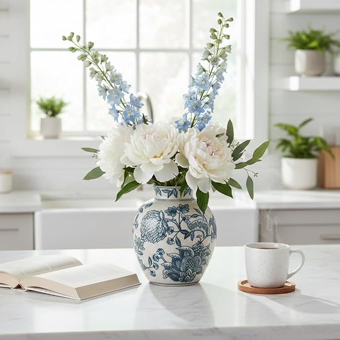 SIDUCAL Ceramic Chinoiserie Floral Vase | 6.3 Inch Blue and White Vintage | - Image 5
