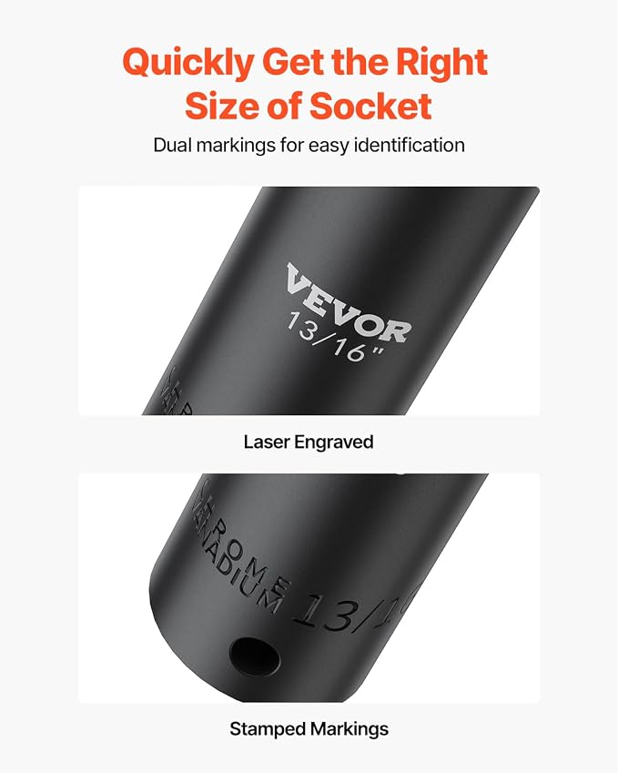 VEVOR Impact Socket Set, 1/2" 19 Piece Impact Sockets, Deep Socket, 6-Point - Image 4