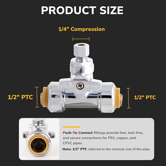 Tee Stop Valve, 1/2" PTC x 1/2" PTC x 1/4" OD Compression, Push to Connect - Image 2