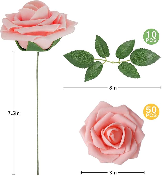 AmyHomie Pink Rose 50pcs Real Looking Artificial Flowers w/Stem | Bouquet - Image 2