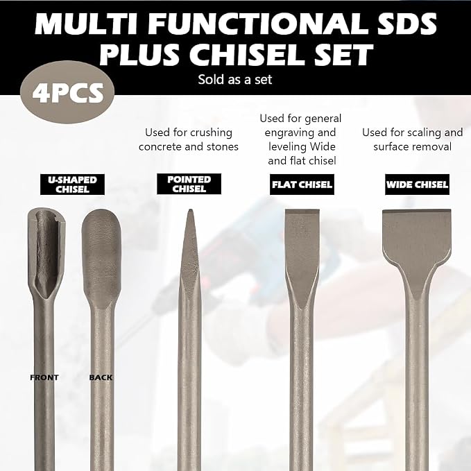 SDS Plus Masonry Chisel Set – 4-Piece Heavy-Duty SDS-Plus Bits, Includes Flat & - Image 3