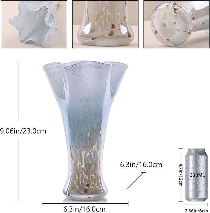 9.0" H Blue White Glass Vases for Flower, Unique Hand Blown Glass Vase | Wide - Image 2