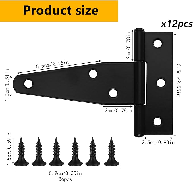 12 Pack 3 Inch T Strap Hinges Heavy Duty Black Outdoor Tee Hinge | Shed Door - Image 2