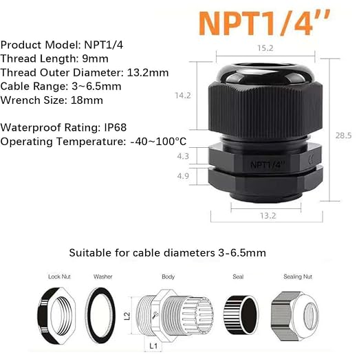 10 Pack 1/4"-8 NPT Cable Gland Waterproof IP68 Nylon Cable Pass Through Cord - Image 2
