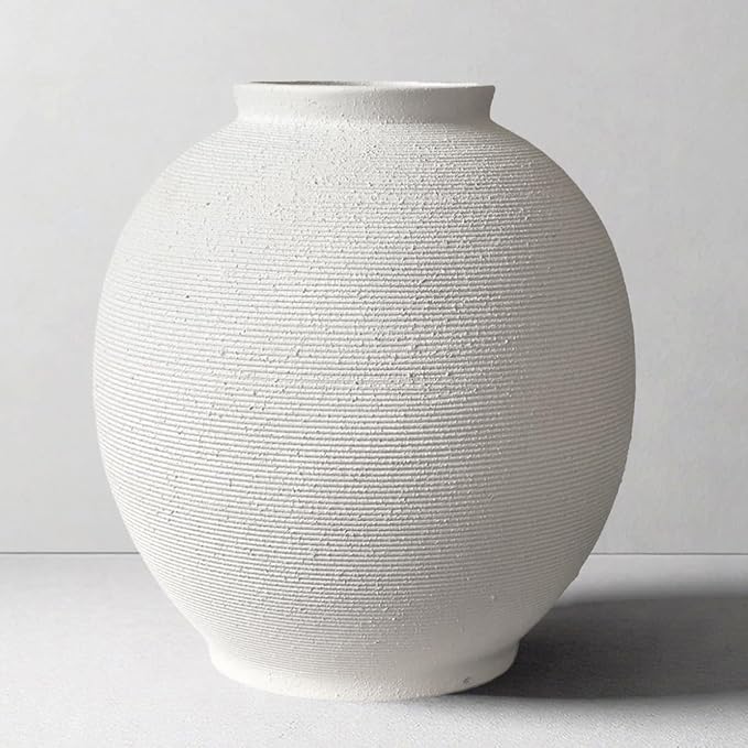 Large White Ceramic Vase, 10.8" Sandstone White | Round Rustic Table Vase by KayolinCommunity