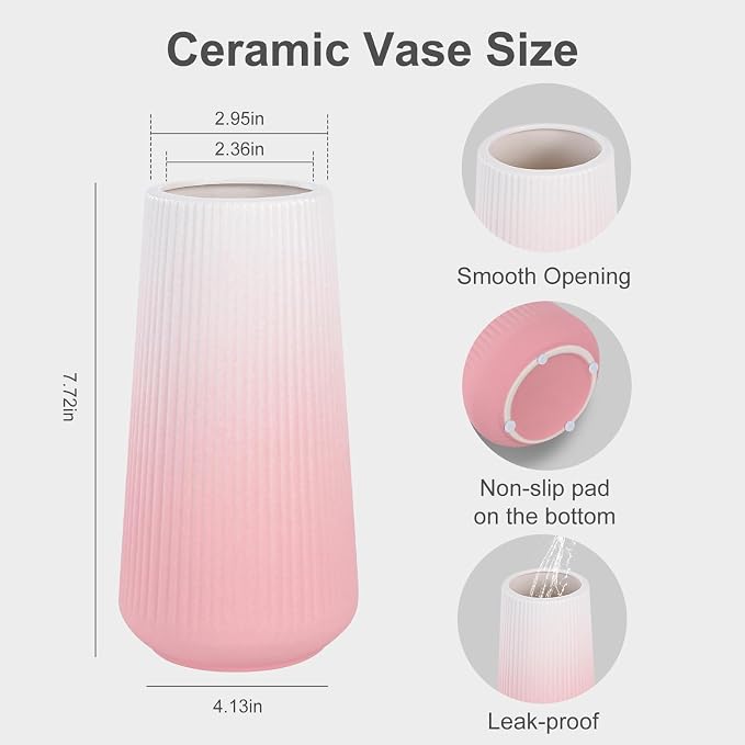 Gradient Pink Ceramic Vase, GUKJOB Small Cute Flower Vase - Image 3