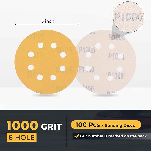 HARFINGTON 100Pcs 5Inch Sanding Discs 1000Grit Yellow Aluminum Oxide 8 Hole | - Image 2