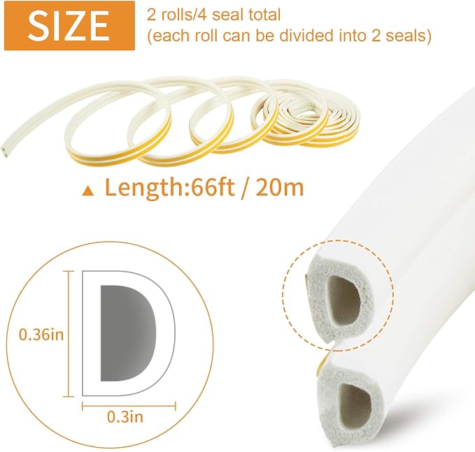 2-Pack Weather Seal Strips for Doors/Windows, 66ft | Thick 0.36"x0.3" fills - Image 2
