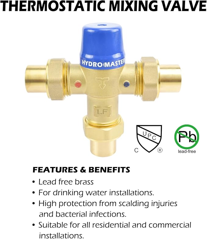Thermostatic Mixing Valve, LF Brass Construction, Temperature Control, 3/4 Inch - Image 3
