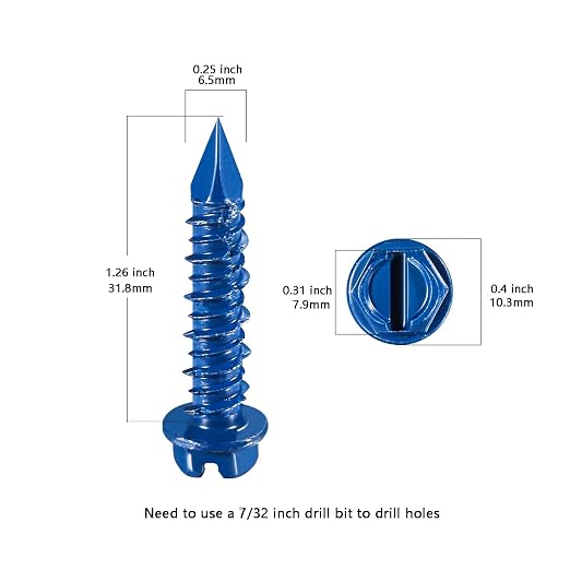Wensilon 1/4" * 1-1/4" Slotted Hex Concrete Screws Anchor Blue Hexagon Head - Image 2