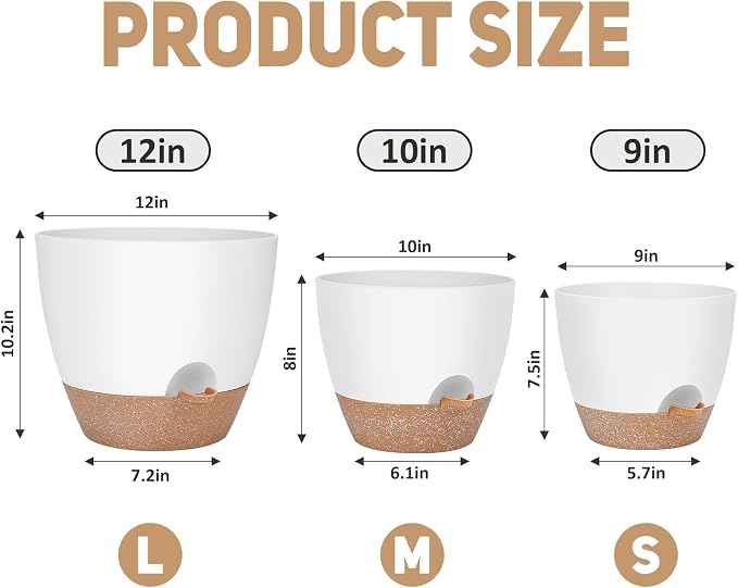 YNNICO 12" 10" 9" Large Self Watering Plant Pots, 3 Pack Flower Pots Planters - Image 2
