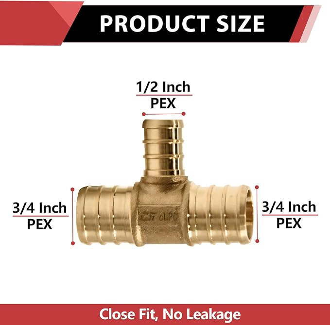 100PC EFIELD Barb Pex 3/4" x 3/4" x 1/2" Reducing Tee Brass Crimp Fittings | - Image 2