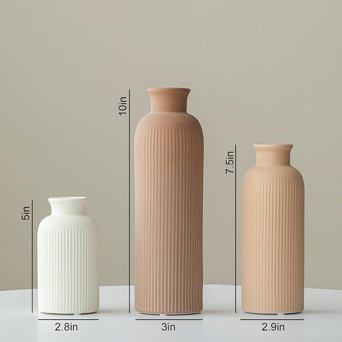 Modern Ceramic Vase Set, Earth Tone Natural Color Ribbed Matte Design, 3-Piece - Image 9