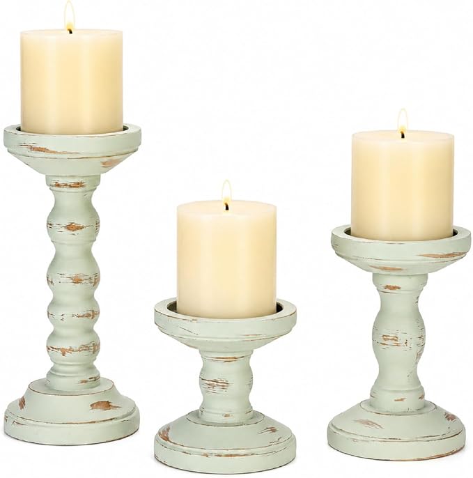 Wood Candle Holder for Pillar, Sage Green Farmhouse Decor | Set of 3, Table by CANDELDO