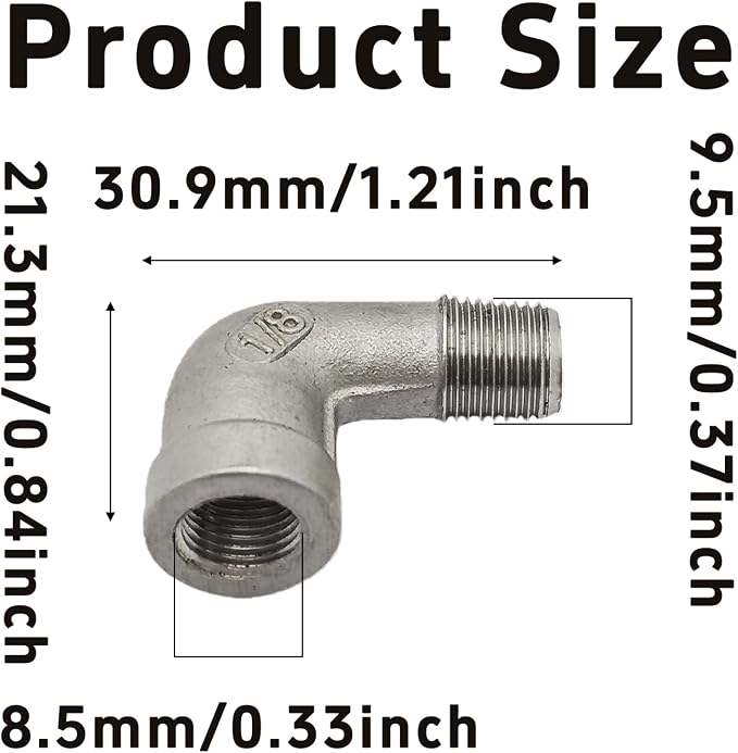 2Pcs 90 Degree Street Elbow, 1/8" NPT Male x 1/8" NPT Female, 304 Stainless - Image 2