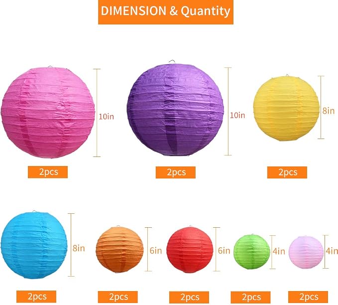 BEISHIDA Multi-Color Paper Lanterns 16Pcs 4/6/8/10 Inch Round Chinese Lamp | - Image 2