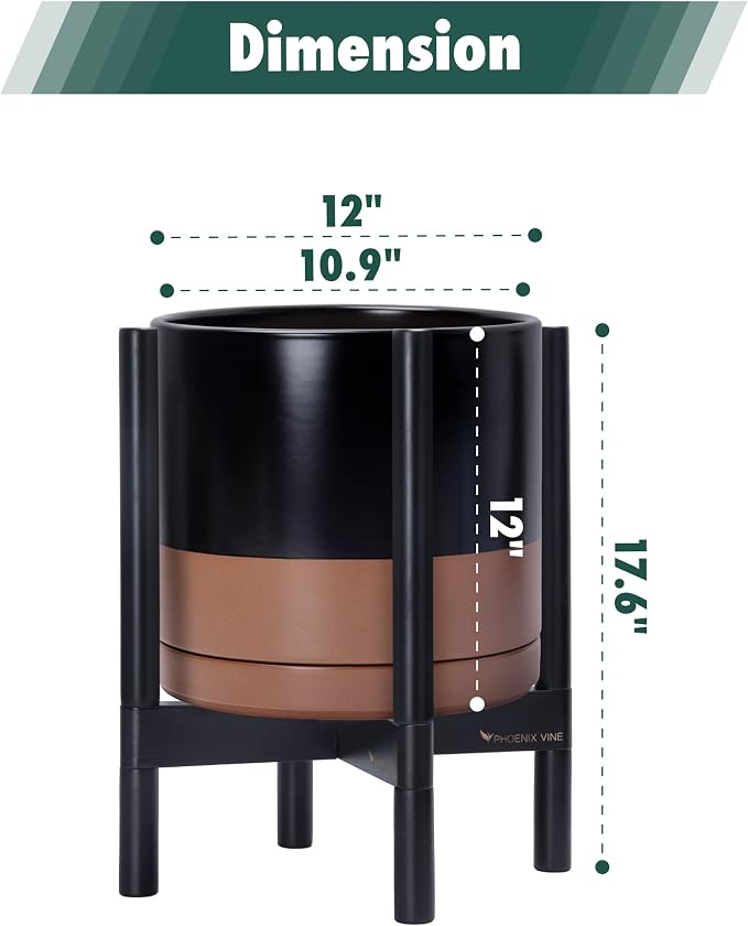 D'vine Dev Ceramic Pot with Ebony Wood Stand, 12 in, 55-B-H-7 | Mid-Century - Image 3