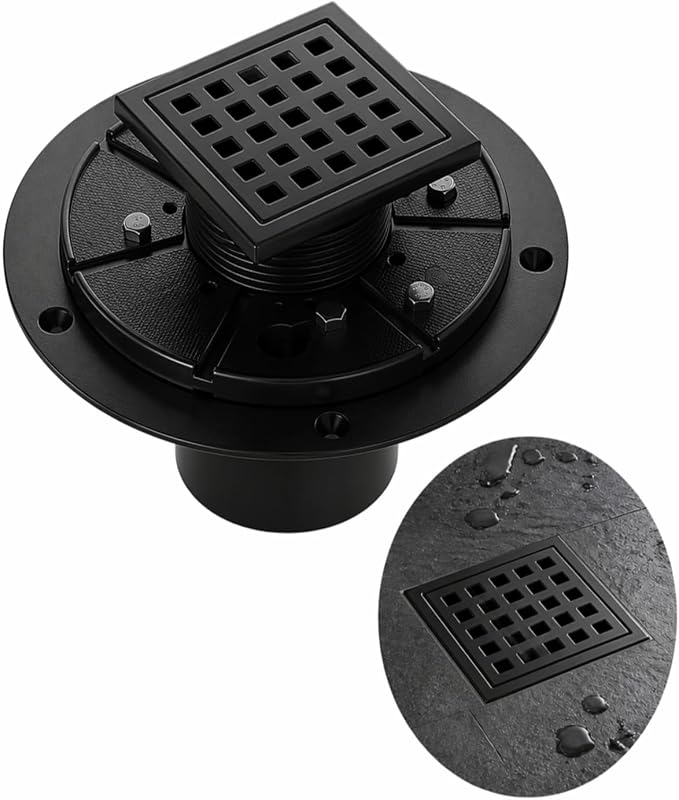 4" Matte Black Shower Drain, Square Shower Floor Drain by LIVIGLOW
