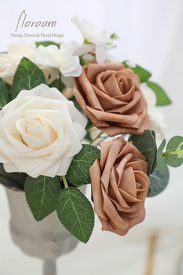 Artificial Flowers 25pcs Real Looking Gold Sparrow & Cream Foam Fake Roses - Image 4