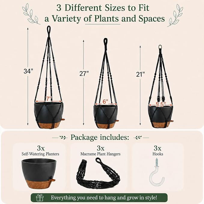 Bouqlife 3 Pack Self Watering Hanging Planters Macrame Plant Hangers - Image 2