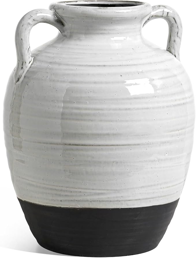 Large White Ceramic Vase with 2 Handles, 11.3 Inch, Farmhouse Rustic | - Image 6