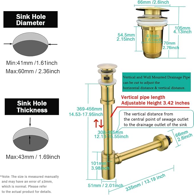 Brass Round Bottle P-Trap with Pop Up Drain Stopper with Overflow, 1 1/4 - Image 2